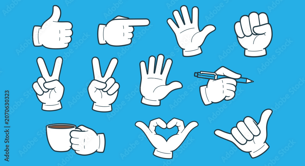 Fototapeta premium Set of cartoon white gloved hands showing various gestures and signs isolated on blue background.