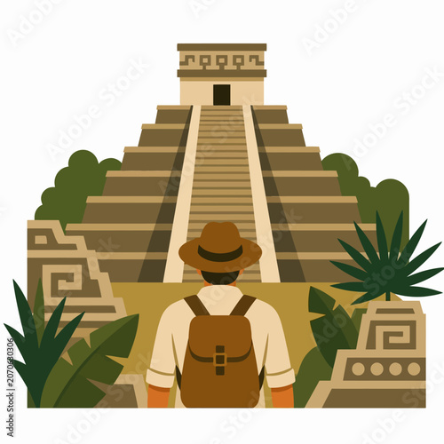 Adventurer with backpack looking at ancient Mayan pyramid temple in tropical jungle landscape.