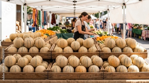 Vibrant Market Stall Displaying Fresh Melons and Fruits for Sale.