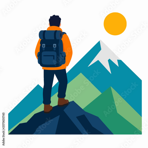 Adventurous Hiker Standing on Mountain Peak with Sun and Snowy Peaks.