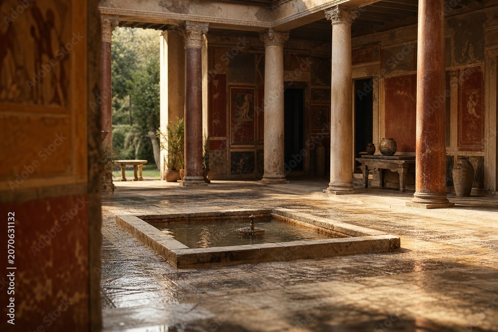 Naklejka premium Sunlight streams into an ancient Roman atrium, illuminating a square impluvium pool.