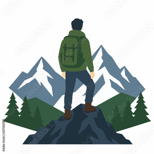 Adventurous Hiker with Backpack Standing on Mountain Peak Overlooking Snowy Ranges and Pine Forest Illustration.