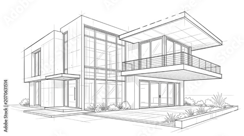 Canvastavla Modern residential house architectural line drawing CAD sketch of contemporary l
