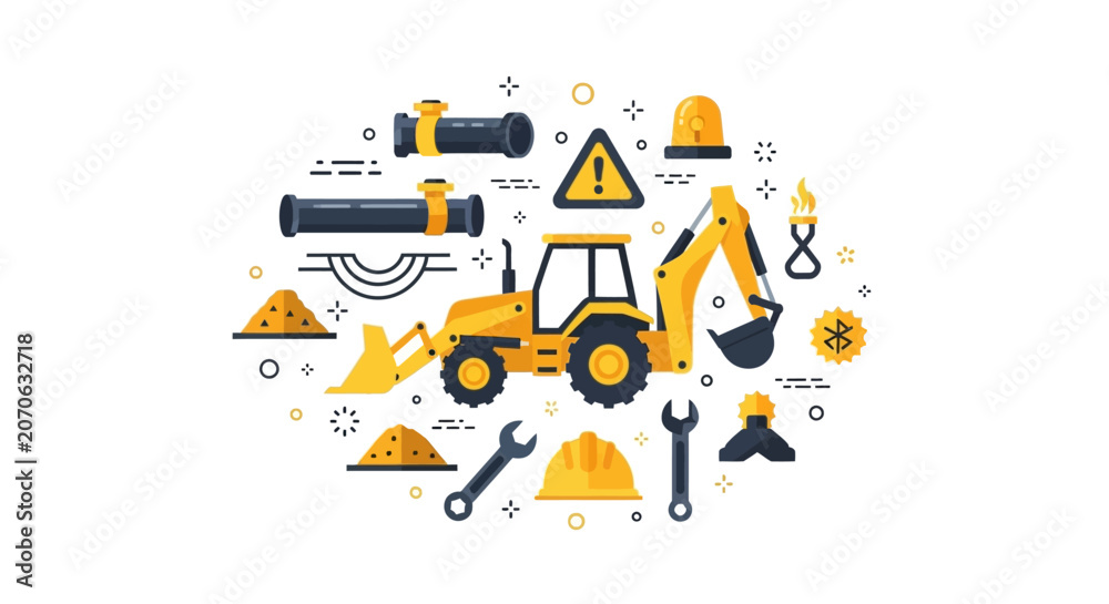 Fototapeta premium Yellow Backhoe Loader and Construction Icons Vector Illustration for Civil Engineering, Utility Repair, and Infrastructure Development Projects