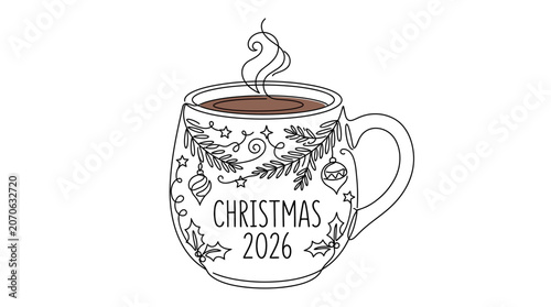 Continuous line art illustration of a cozy Christmas 2026 coffee mug with holiday decorations