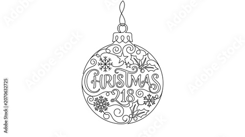 Continuous line art illustration of a Christmas bauble ornament with festive snowflakes and stars