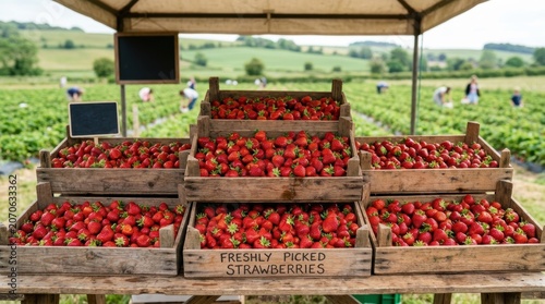 Fresh Strawberries Displayed in Baskets at Farm Stand.