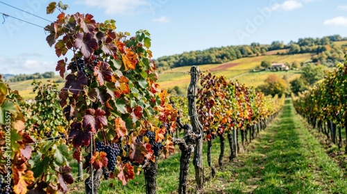 Vineyard Landscape with Rows of Grape Vines and Rolling Hills in the Background.