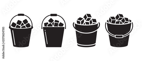 Set of black bucket icons filled with ice cubes in a minimalist flat design style on white background.