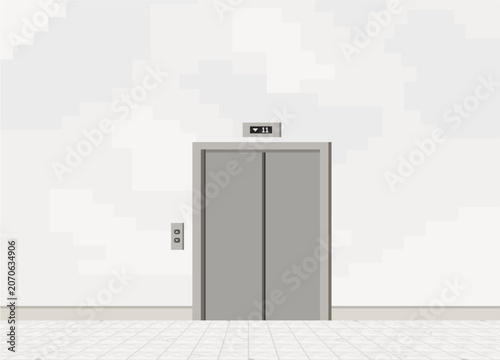 A minimalist graphic vector illustration of a closed gray metallic elevator door with call buttons and a digital floor indicator against a light textured wall.