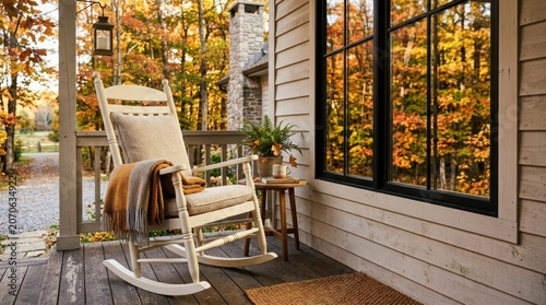 Cozy Porch Scene with Rocking Chair and Autumn View.
