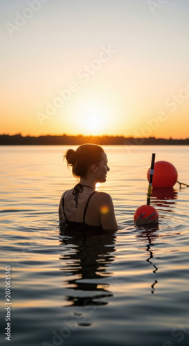 Woman relaxes in a calm lake while watching the golden sunset from the refreshing water during a peaceful summer evening.
