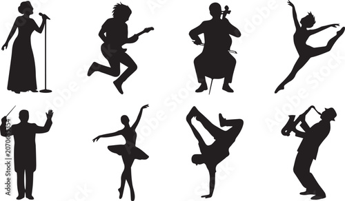 Obraz na plátně Performing Arts Silhouette Set Featuring Musician Singer Dancer Ballet and Orche