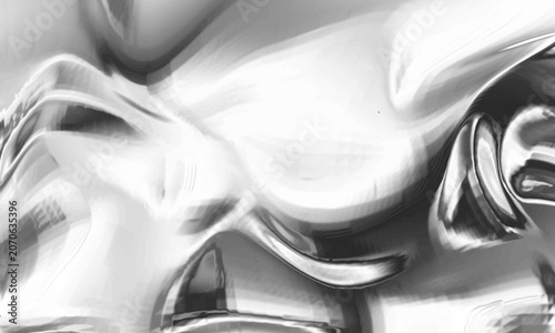 Liquid silver background with abstract waves. Vector realistic illustration of glossy chrome metal texture, smooth grey silk cloth, steel color fluid substance, wavy surface, aluminum foil material