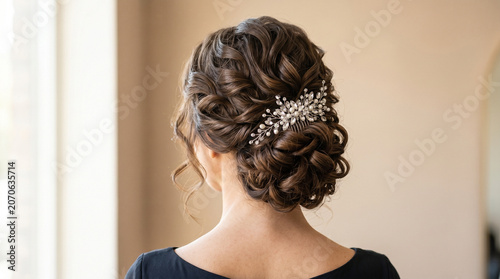 Romantic updo with pearl hair comb for prom | Back view of formal braided hairstyle with accessories
Concept: soft romantic updo, hair accessory, elegant beauty shot for a formal event