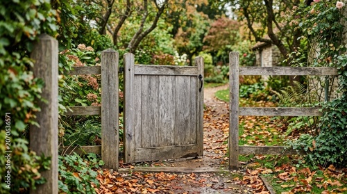 Rustic Wooden Gate Entrance in a Natural Garden Setting.