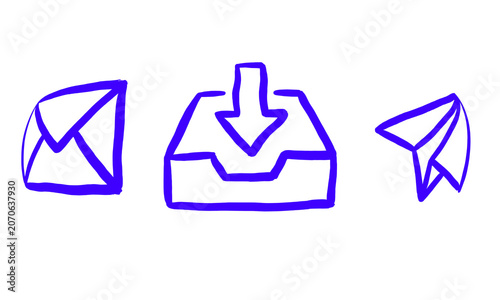 Handwritten blue marker icons of a closed envelope an incoming mail tray and a paper airplane with envelope airplane download communication business correspondence illustration creative
