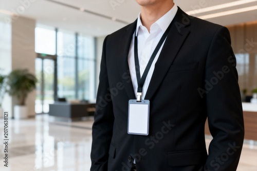 Man in suit with ID badge in office