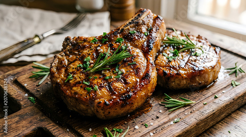 Two grilled pork chops with fresh rosemary on a wooden cutting board.