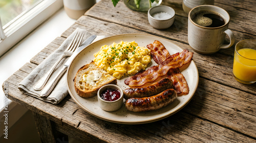 A hearty English breakfast with eggs, sausages, bacon, toast, and jam on a rustic wooden table.