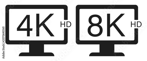 Foto 4K and 8k hd monitor icons with solid black screen frames on transparent backgro