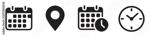 Fotografie Universal black calendar with clock and map pin location icons for appointment and schedule tracking