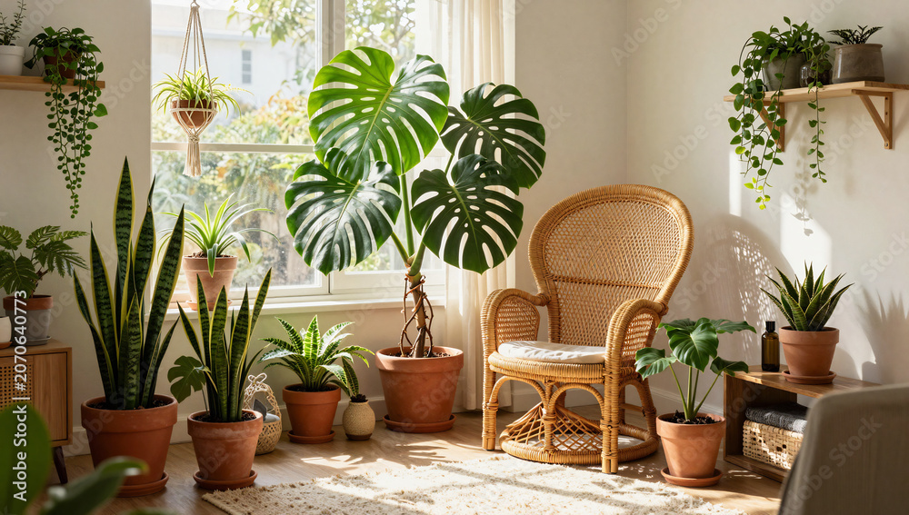 Fototapeta premium Boho Living Room with Monstera and Lush Urban Jungle Decor
