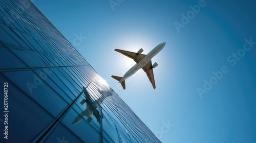 Airplane Flying Over Modern Glass Building Under Bright Sunlight.