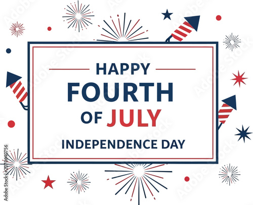 Fourth of July greeting card features a central text box surrounded by playful rocket illustrations.