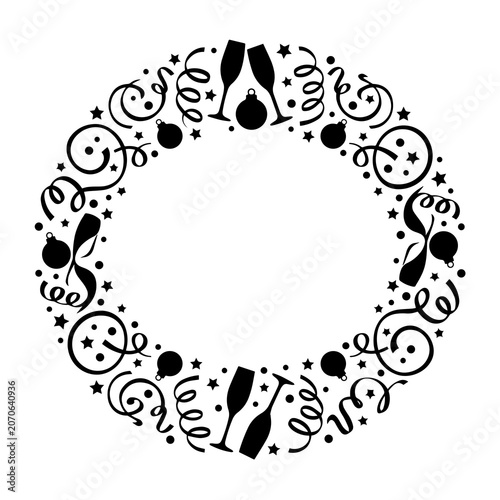 Photography New year eve party round frame with champagne flutes and ornaments, celebration