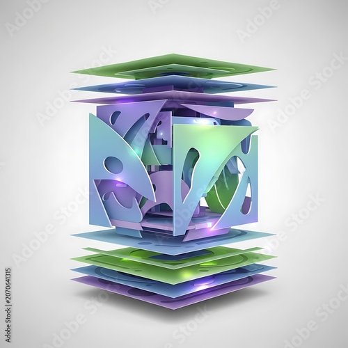 Vibrant purple and green abstract geometric art cube.