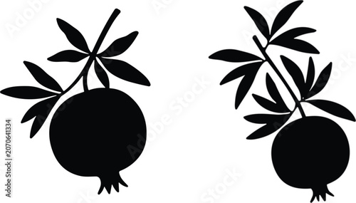 Foto Black silhouette vector illustration of pomegranate fruit with stems and leaves,