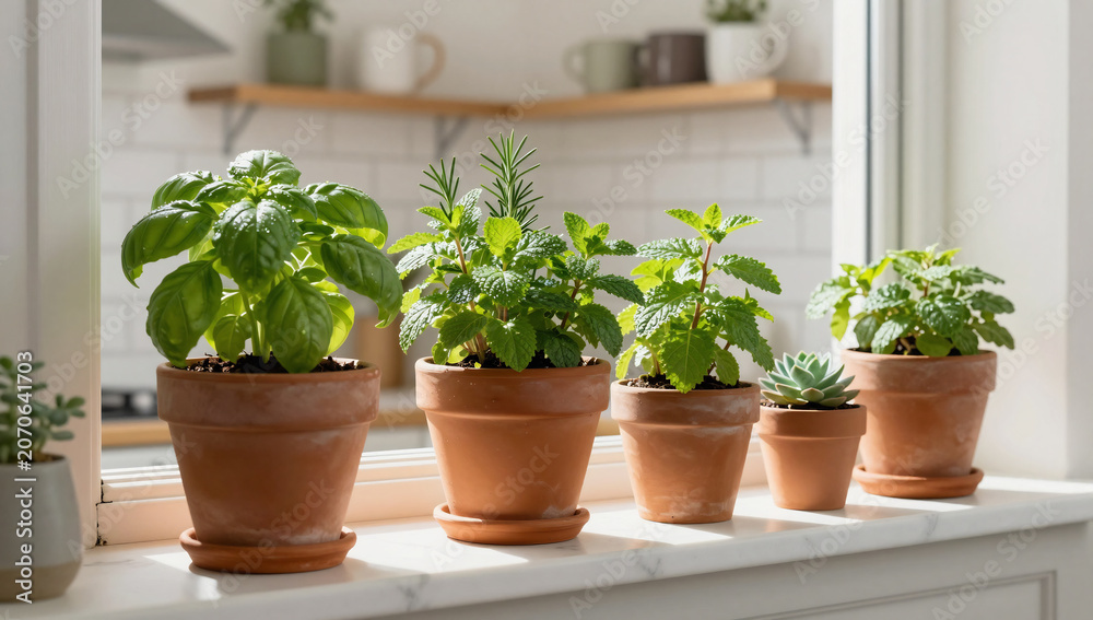 Fototapeta premium Kitchen Window Garden with Potted Herbs and Succulents