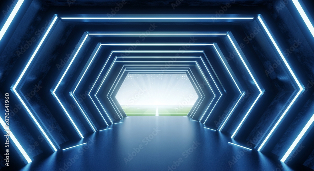 Obraz premium Futuristic blue hexagonal tunnel leading to a sports field