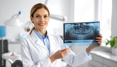 Dentist holding dental x-ray scan showing teeth, pointing with pen, dental clinic background, healthcare concept