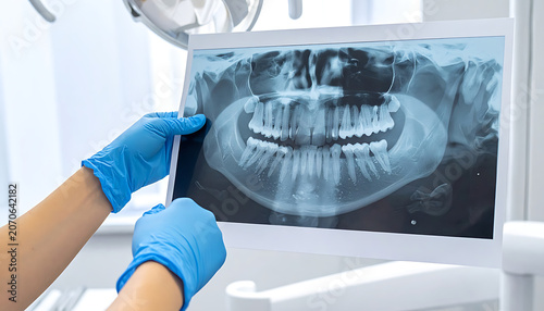 Dentist holding a panoramic dental x-ray image showing teeth and jawbone, reviewing patient's oral health in clinic setting