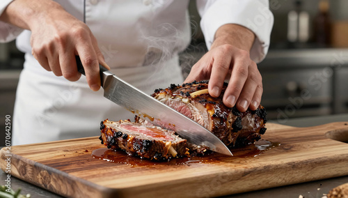 Chef Carving Juicy Roasted Meat on Carving Board