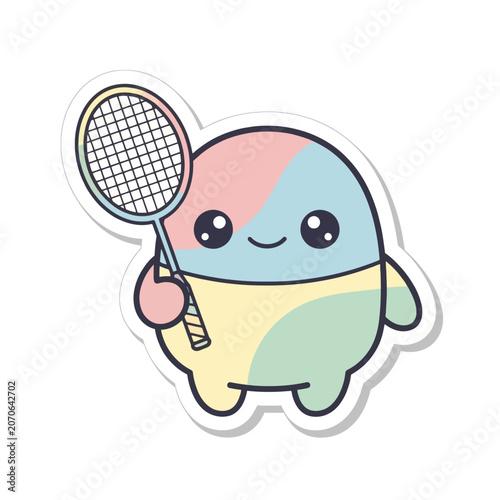 Cute colorful character holding tennis racket illustration.