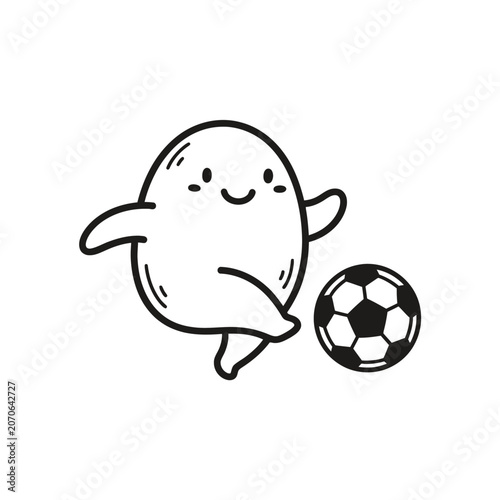 Cute ghost character playing soccer with ball.