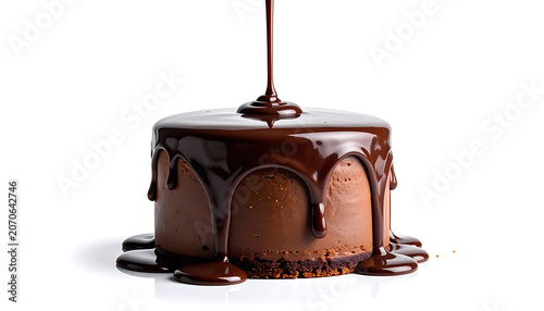 Decadent chocolate cake with glossy ganache being poured on top, dripping down the sides, isolated on white