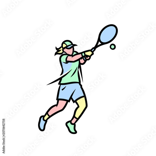 Female tennis player hitting ball with racket.