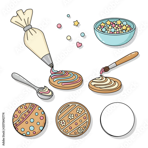 Decorating Colorful Round Cookies With Icing And Sprinkles.