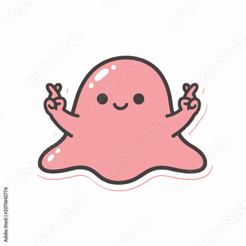 Cute Pink Cartoon Blob Character Showing Peace Signs.