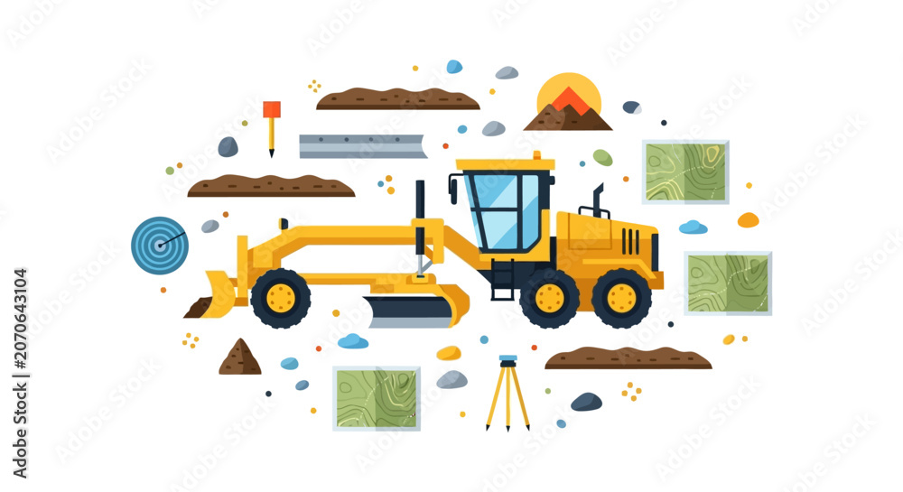 Fototapeta premium Yellow Motor Grader Vector Illustration for Civil Engineering, Road Construction and Land Leveling Projects