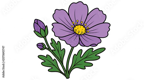 Purple Flower with Green Leaves Illustration.