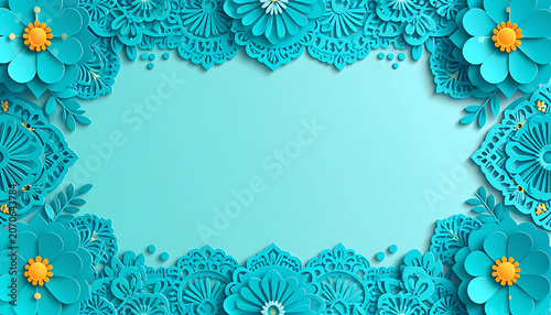 Decorative teal and cyan floral border with mandala elements, paper craft flowers and leaves, center empty space for text