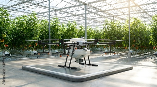 Advanced agricultural drone with a white liquid tank stands on a landing platform inside a large modern glass greenhouse structure