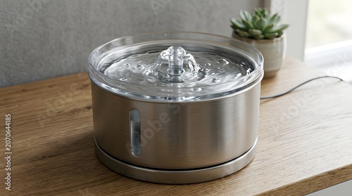 Modern stainless steel pet water fountain with a bubbling clear stream sitting on a rustic wooden table indoors at home