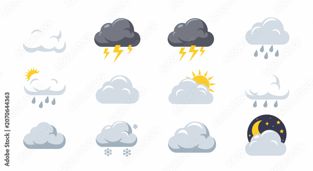 Obraz premium Set of flat weather icons featuring various cloud conditions and meteorological elements.