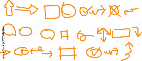 Hand drawn orange arrows and symbols